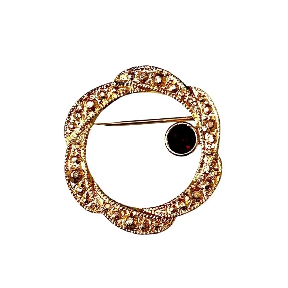 Vintage Round Gold Brooch With Dark Red Rhinestone 1”